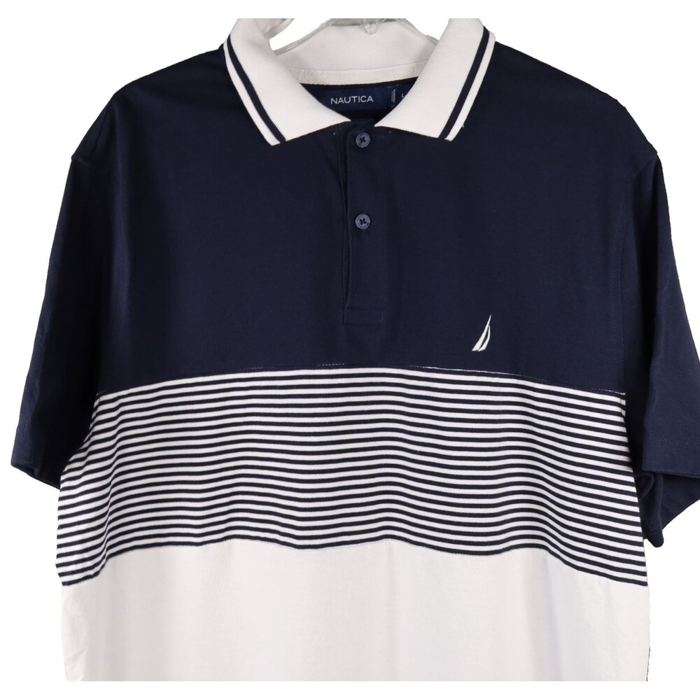 Nautica Polo Shirt Mens Large Navy & White Stripe Classic Fit Soft Cotton  Blend